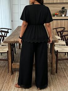 Weeklong Plus Size Women Solid V-Neck Ruched Short Sleeve Top And Pants Casual Suit Elegant - Black - View 2