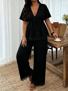 Weeklong Plus Size Women Solid V-Neck Ruched Short Sleeve Top And Pants Casual Suit Elegant - Black - View 5