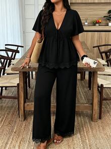 Weeklong Plus Size Women Solid V-Neck Ruched Short Sleeve Top And Pants Casual Suit Elegant - Black - View 4