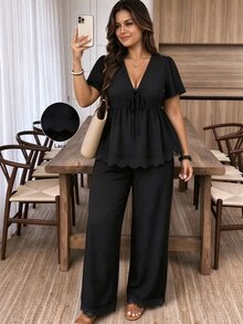 Weeklong Plus Size Women Solid V-Neck Ruched Short Sleeve Top And Pants Casual Suit Elegant - Black - View 1