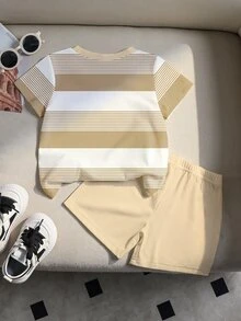 SHEIN 2件組 卡其米色 韓系嬰兒男童 簡約可愛 夏季度假假期熊圖案 T恤短褲套裝 - 彩色 - 查看 3