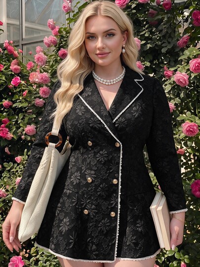 SHEIN MOD Plus Size Autumn/Winter Solid Black Romantic Elegant Lapel Double-Breasted Women's Blazer, Formal Occasions, Office, School, Elegant, Commute,