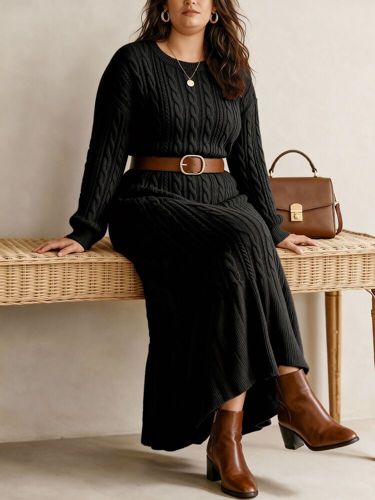 Linhara Plus Size Women's Lantern Sleeve Round Neck Pullover Knit Sweater Dress, Casual And Comfortable - Black - View 1