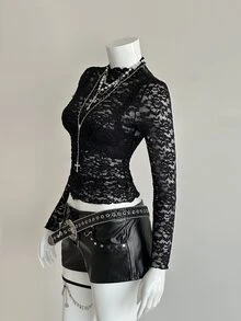 Bitrose Women's Fashionable Black Sexy Lace Top - Black - View 7