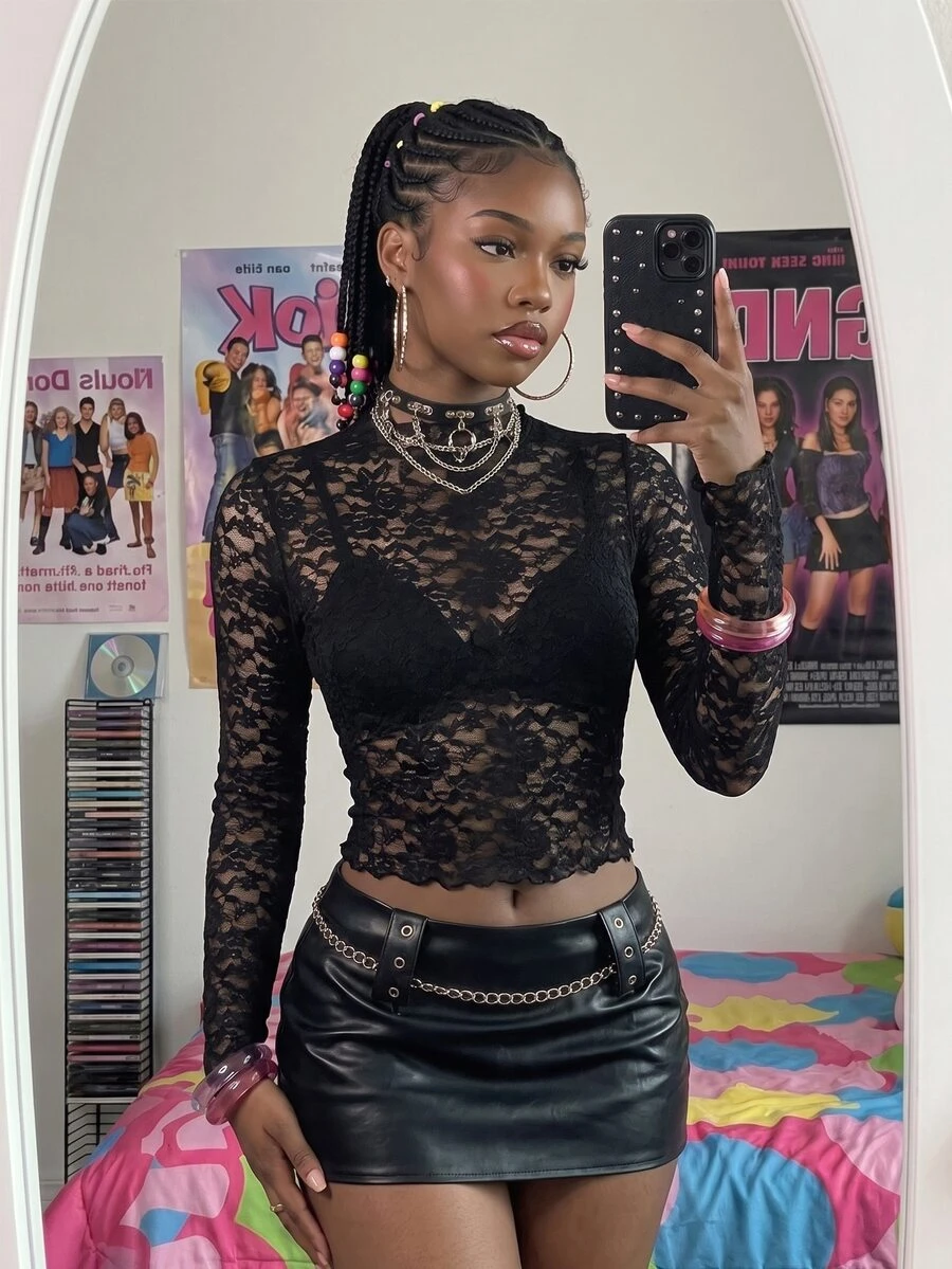 Bitrose Women's Fashionable Black Sexy Lace Top - Black - View 1