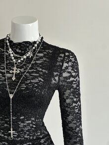 Bitrose Women's Fashionable Black Sexy Lace Top - Black - View 8