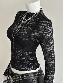 Bitrose Women's Fashionable Black Sexy Lace Top - Black - View 6