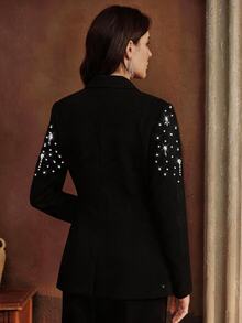 Anewsta Women's New Fashion Rhinestone Embellished Blazer & Flared Pants Versatile Suit Set - Black - View 7