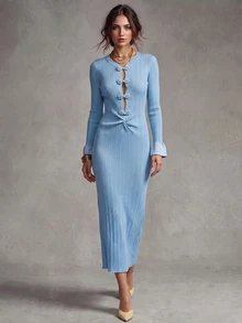 SHEIN Women Long Dress Slim Fit Rib-Knit Front Cut-Out Pearl Bow Twist Waist Flare Cuffs Elegant Cute Dinner Date Night Light Blue Fall - Blue - View 1