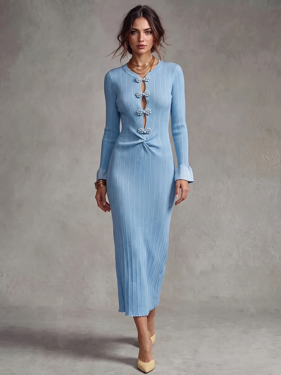 SHEIN Women Long Dress Slim Fit Rib-Knit Front Cut-Out Pearl Bow Twist Waist Flare Cuffs Elegant Cute Dinner Date Night Light Blue Fall - Blue - View 1
