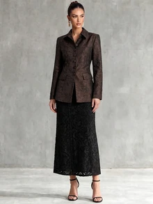Trelyra Women's Solid Color Slim Fit Waist-Cinched Shirt Collar Long Sleeve Blazer - Coffee Brown - View 9