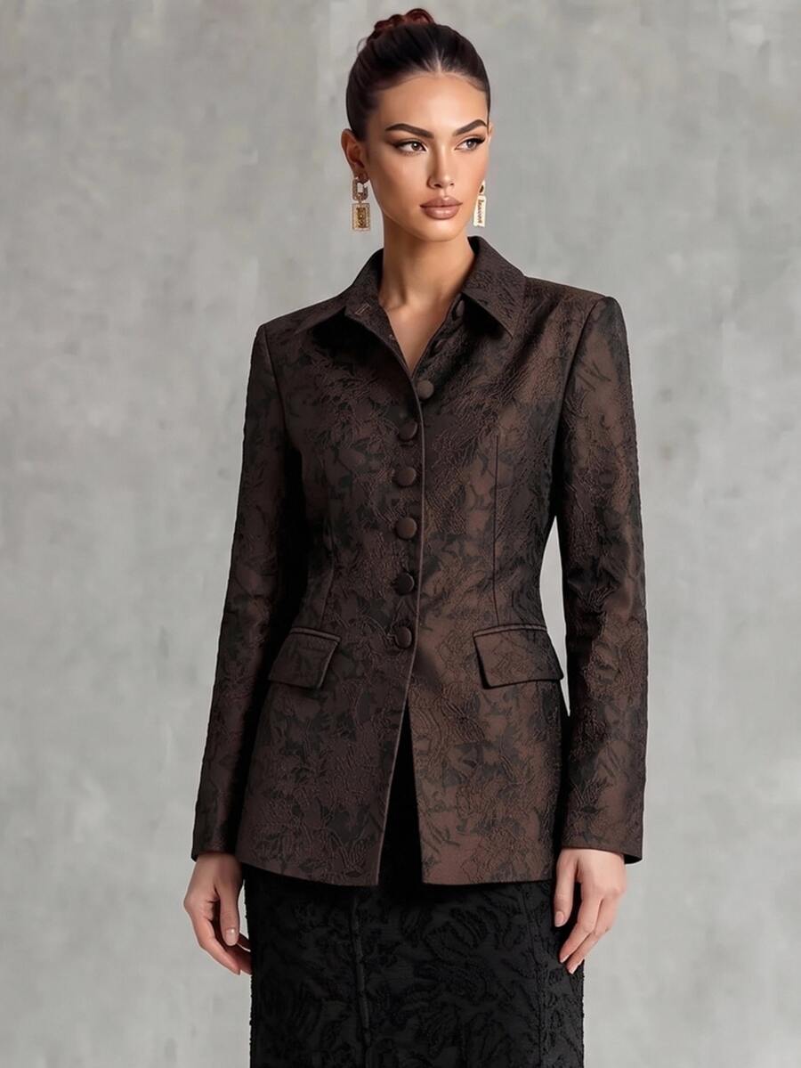 Trelyra Women's Solid Color Slim Fit Waist-Cinched Shirt Collar Long Sleeve Blazer - Coffee Brown - View 1