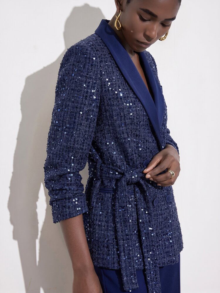 Trelyra Tweed Sequin Fabric Blazer With Wrap Tie Waist Design Solid Color Wide Leg Pants French Sexy Vintage Elegant Commute Night Out Dinner Party Navy Blue - Navy Blue - View 2