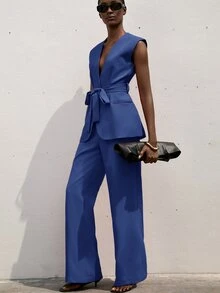 Trelyra Women's Solid Color Waist Tie Vest Jacket And Pants Suit Set Office Royal Blue Fall Business Casual Elegant - Royal Blue - View 7