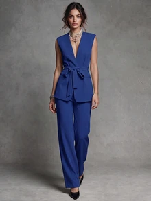 Trelyra Women's Solid Color Waist Tie Vest Jacket And Pants Suit Set Office Royal Blue Fall Business Casual Elegant - Royal Blue - View 1