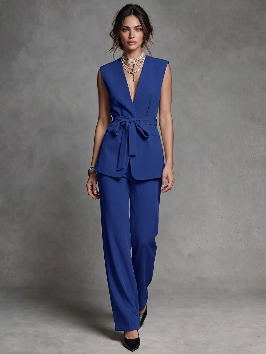 Trelyra Women's Solid Color Waist Tie Vest Jacket And Pants Suit Set Office Royal Blue Fall Business Casual Elegant - Royal Blue - View 1