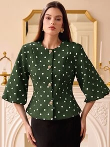 Trelyra 女款綠色波點中袖短版西裝外套，金屬不對稱鈕扣袖口，適合辦公室、晚餐、茶會，秋季優雅70年代80年代復古風 - 綠色 - 查看 5