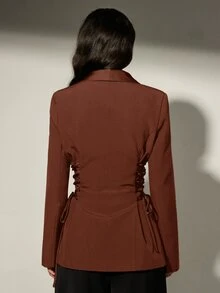 Trelyra 緞面拼接繫帶女款西裝外套，優雅休閒西裝夾克，適合晚餐與辦公，深棕色，秋季 - 棕色 - 查看 2