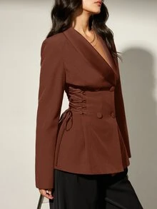 Trelyra 緞面拼接繫帶女款西裝外套，優雅休閒西裝夾克，適合晚餐與辦公，深棕色，秋季 - 棕色 - 查看 5