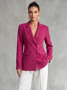 Trelyra French European Style Vintage Long Sleeve Double Breasted Blazer Jacket Elegant Sexy Backless Design Night Party Magenta Summer - Hot Pink - View 1