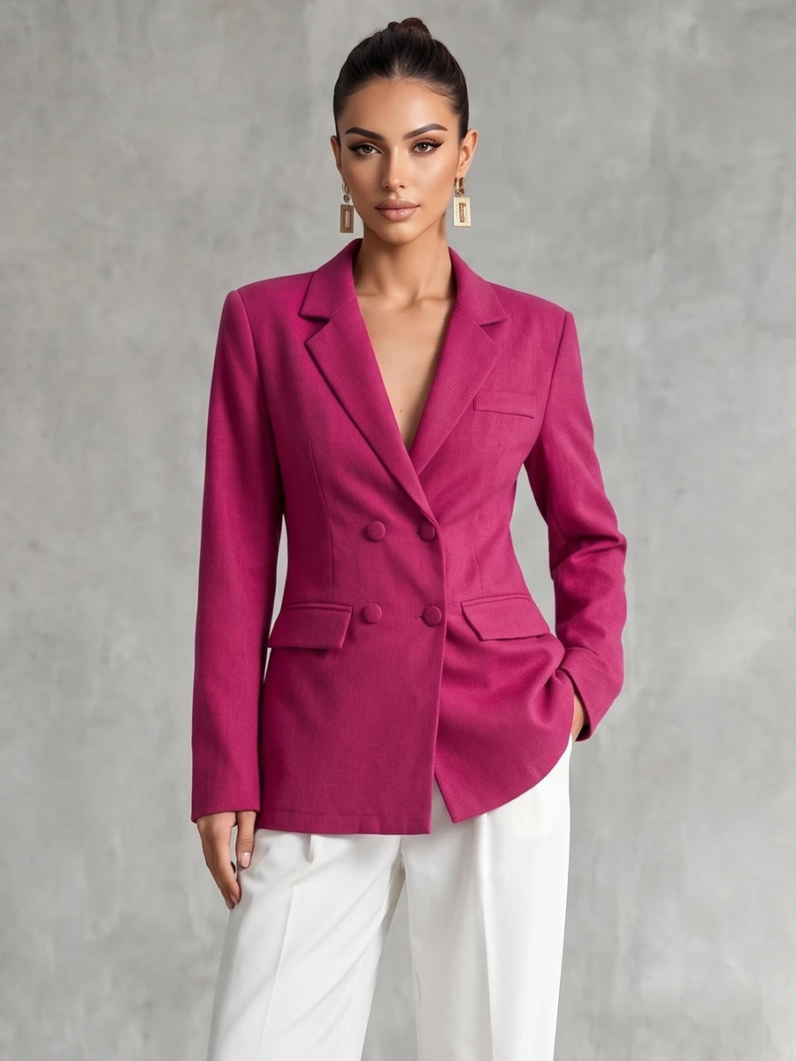 Trelyra French European Style Vintage Long Sleeve Double Breasted Blazer Jacket Elegant Sexy Backless Design Night Party Magenta Summer - Hot Pink - View 1