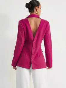 Trelyra French European Style Vintage Long Sleeve Double Breasted Blazer Jacket Elegant Sexy Backless Design Night Party Magenta Summer - Hot Pink - View 4