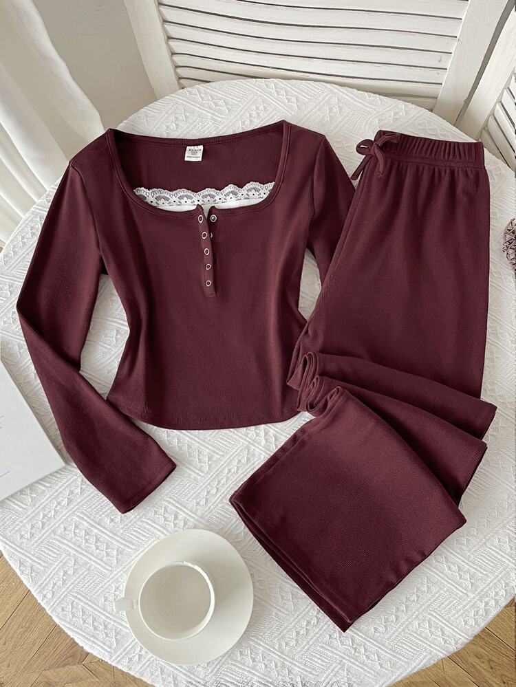 SHEIN Tween Girls Autumn Burgundy Lace Trim Patchwork Long Sleeve Bow Decor Lace Trim 2in1 T-Shirt & Matching Straight Leg Pants 2pcs Set - Burgundy - View 3
