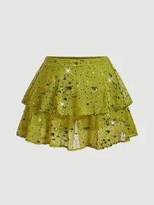 SHEIN MOD Plus Size Women's Sequin Ruffle Layered Mini Skirt, Shiny Party Nightclub A-Line Holographic Skirt - Green - View 3