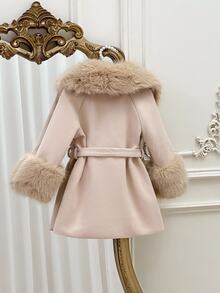 SHEIN Young Girl Solid Color Casual Wool Coat With Faux Fur Collar Autumn Winter Clothes - Black and White - View 2