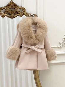SHEIN Young Girl Solid Color Casual Wool Coat With Faux Fur Collar Autumn Winter Clothes - Black and White - View 8