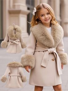 SHEIN Young Girl Solid Color Casual Wool Coat With Faux Fur Collar Autumn Winter Clothes - Black and White - View 10