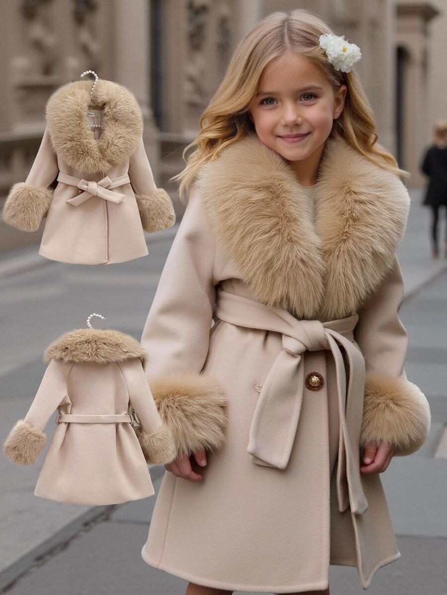 SHEIN Young Girl Solid Color Casual Wool Coat With Faux Fur Collar Autumn Winter Clothes - Black and White - View 1