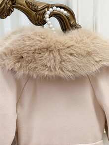 SHEIN Young Girl Solid Color Casual Wool Coat With Faux Fur Collar Autumn Winter Clothes - Black and White - View 6