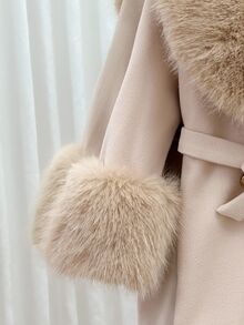 SHEIN Young Girl Solid Color Casual Wool Coat With Faux Fur Collar Autumn Winter Clothes - Black and White - View 3
