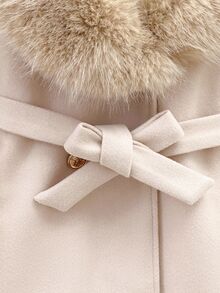 SHEIN Young Girl Solid Color Casual Wool Coat With Faux Fur Collar Autumn Winter Clothes - Black and White - View 5