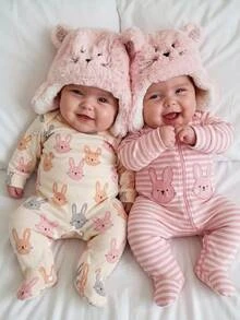 Newborn Home Jumpsuit, Cartoon Pink & Grey Rabbit All-Over Print Baby Long Sleeve Footed Jumpsuit, Snap Crotch Newborn Jumpsuit, Baby Girl Spring/Autumn Home Sleep & Outdoor Footed Crawler - Multicolor - View 7