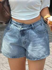 Dazy Plus Asymmetrical Waistband Design Low Waist Casual Plus Size Women Denim Shorts, Spring/Summer - Medium Wash - View 1