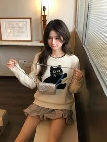 DAZY Women's Cartoon Pattern Casual Cute Daily Everyday School Long Sleeve Sweater White - Apricot - View 2