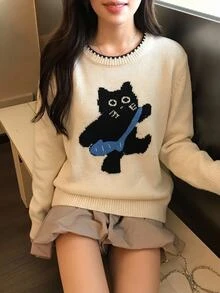 DAZY Women's Cartoon Pattern Casual Cute Daily Everyday School Long Sleeve Sweater White - Apricot - View 1