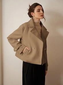 Trelyra 休閒法式優雅純色雙排扣短版夾克，秋季/辦公室卡其色 - 駝色 - 查看 5