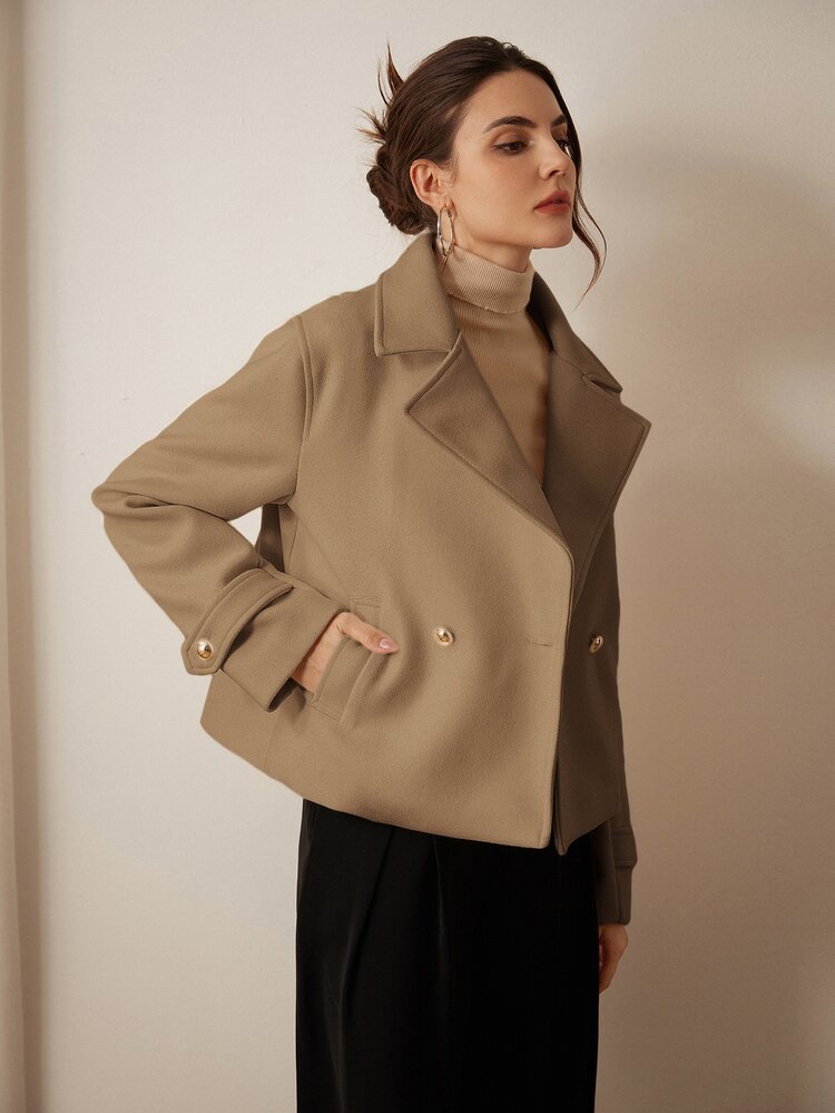 Trelyra Casual French Elegant Solid Color Double-Breasted Cropped Jacket, Fall/  Office Khaki - Camel - View 5