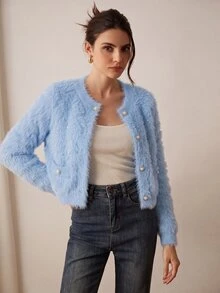 SHEIN V-Neck Studded Diamond Pattern Faux Mink Elegant Romantic Cardigan Sweater For Women  Date Baby Blue Autumn - Violet Purple - View 7