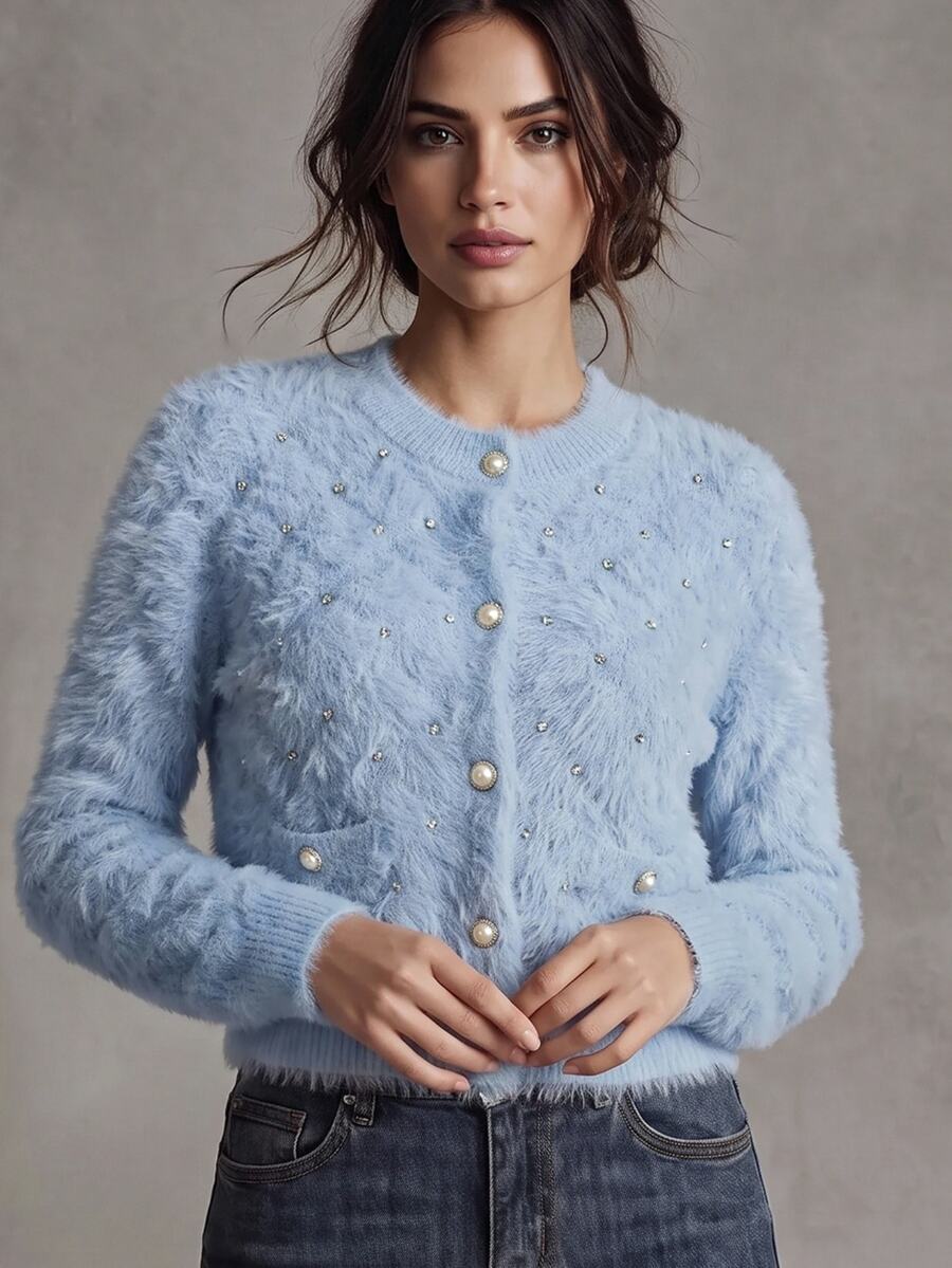 SHEIN V-Neck Studded Diamond Pattern Faux Mink Elegant Romantic Cardigan Sweater For Women Date Baby Blue Autumn - Violet Purple - View 1