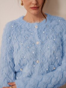 SHEIN V-Neck Studded Diamond Pattern Faux Mink Elegant Romantic Cardigan Sweater For Women  Date Baby Blue Autumn - Violet Purple - View 9