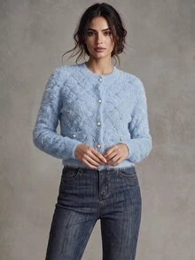 SHEIN V-Neck Studded Diamond Pattern Faux Mink Elegant Romantic Cardigan Sweater For Women  Date Baby Blue Autumn - Violet Purple - View 8