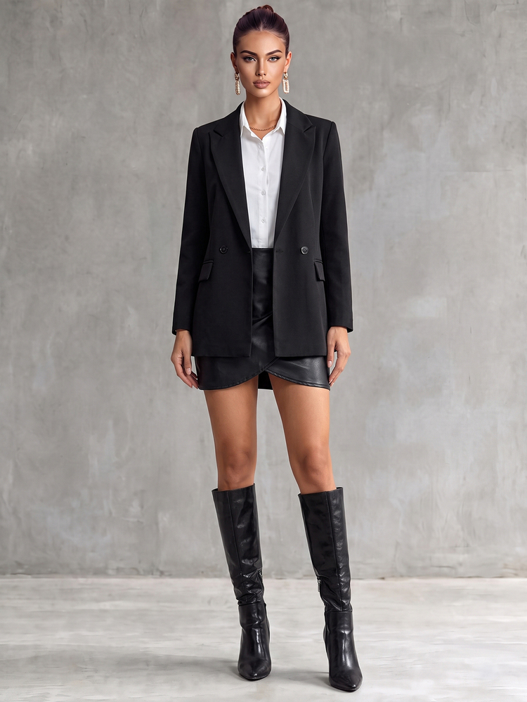 Trelyra Solid Black Long Sleeves Double Breasted Lapel Neck Blazer Business Casual Office Summer Teachers' Day - Black - View 1
