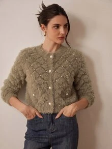 SHEIN 女款 V 領鑲鑽菱格紋仿貂毛優雅浪漫開襟針織衫 橄欖綠 秋季 早午餐茶會穿搭 - 駝色 - 查看 3