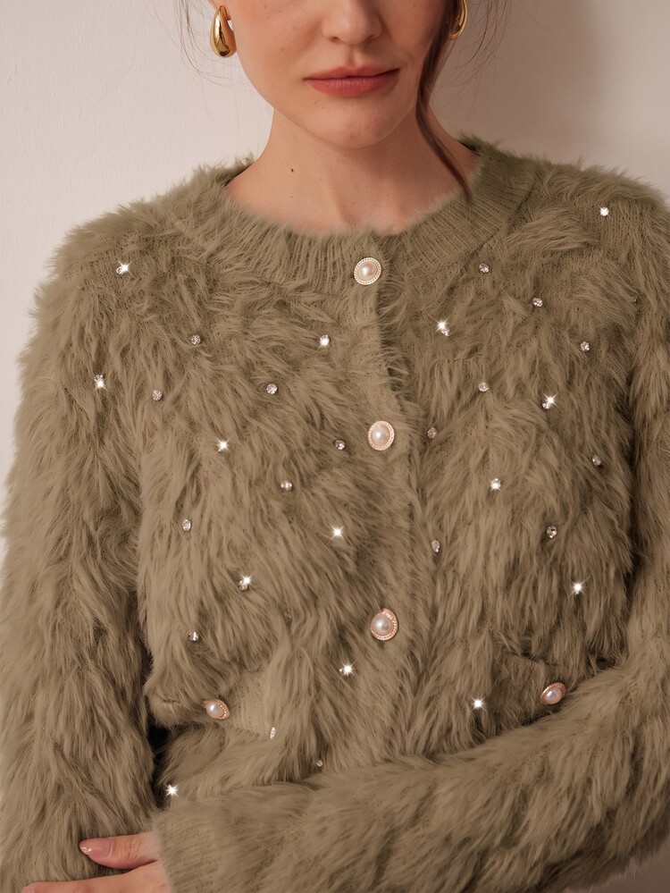 SHEIN V-Neck Studded Diamond Pattern Faux Mink Elegant Romantic Cardigan Sweater For Women Brunch Tea Party Olive Green Fall - Camel - View 8