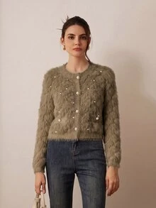 SHEIN 女款 V 領鑲鑽菱格紋仿貂毛優雅浪漫開襟針織衫 橄欖綠 秋季 早午餐茶會穿搭 - 駝色 - 查看 4