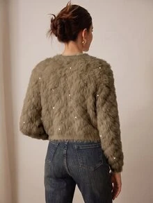 SHEIN 女款 V 領鑲鑽菱格紋仿貂毛優雅浪漫開襟針織衫 橄欖綠 秋季 早午餐茶會穿搭 - 駝色 - 查看 2